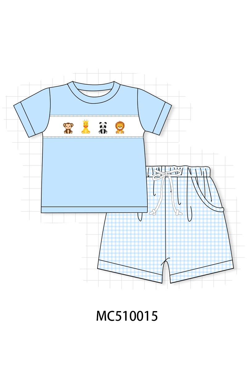 PO69 Blue zoo animal embroidery gingham collection