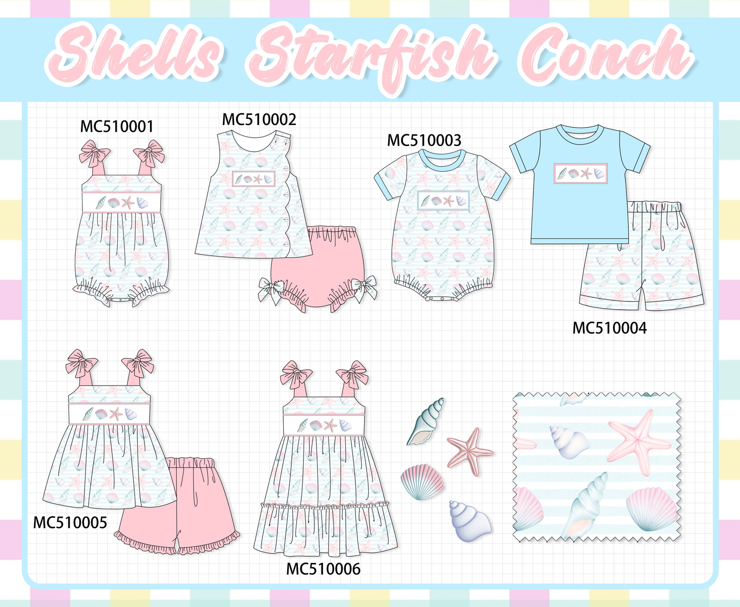 PO69 Pink shells starfish embroidery collection