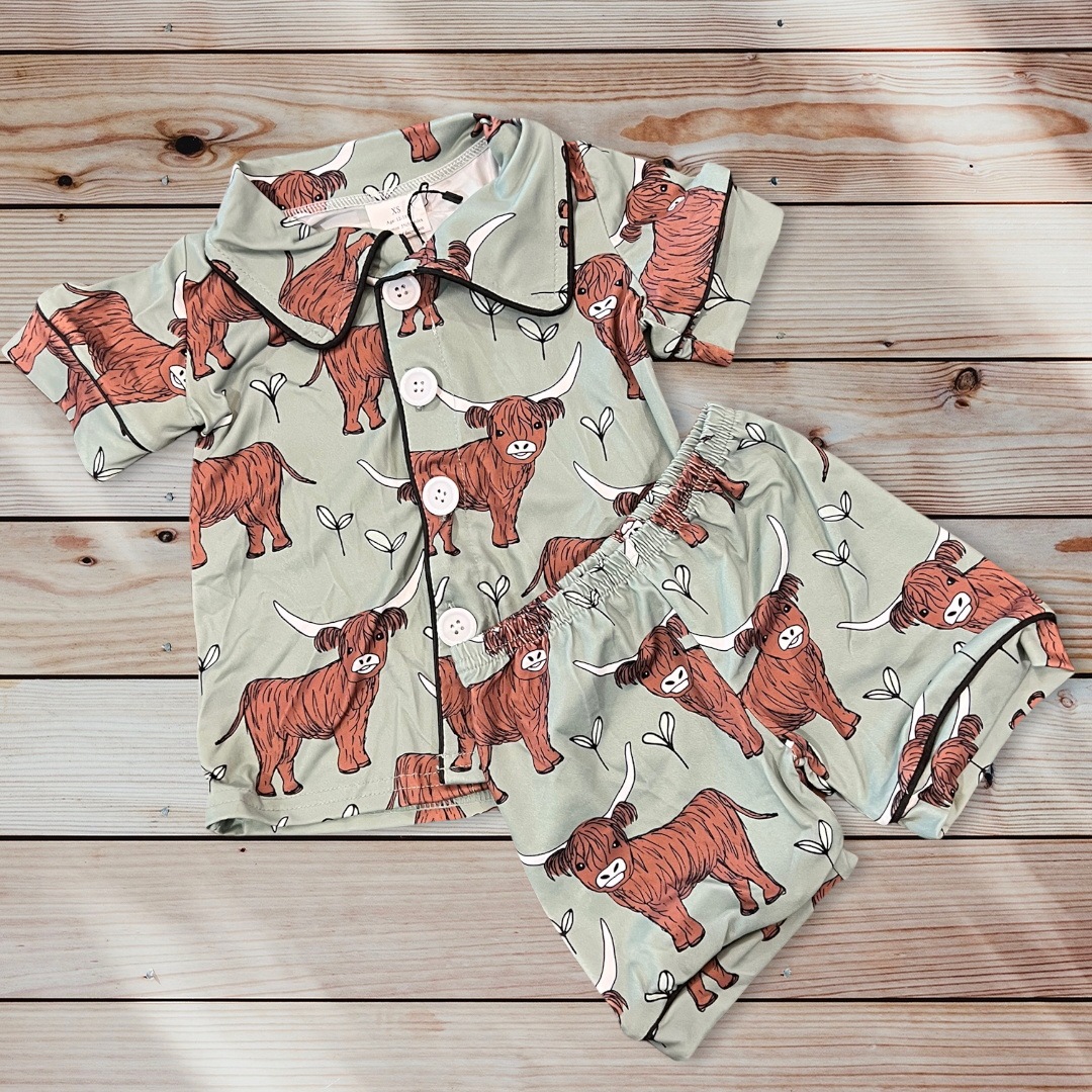 Western Cow Short Sleeve Button Up Pajamas