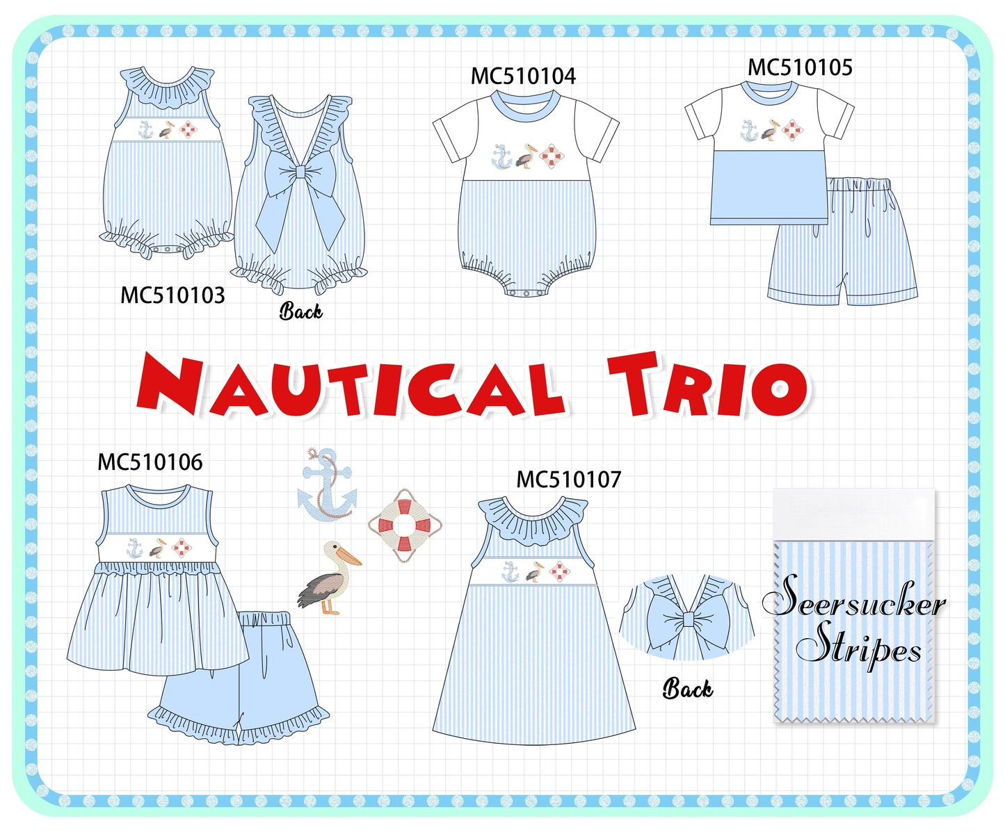 PO69 Blue nautical trio embroidery stripe collection