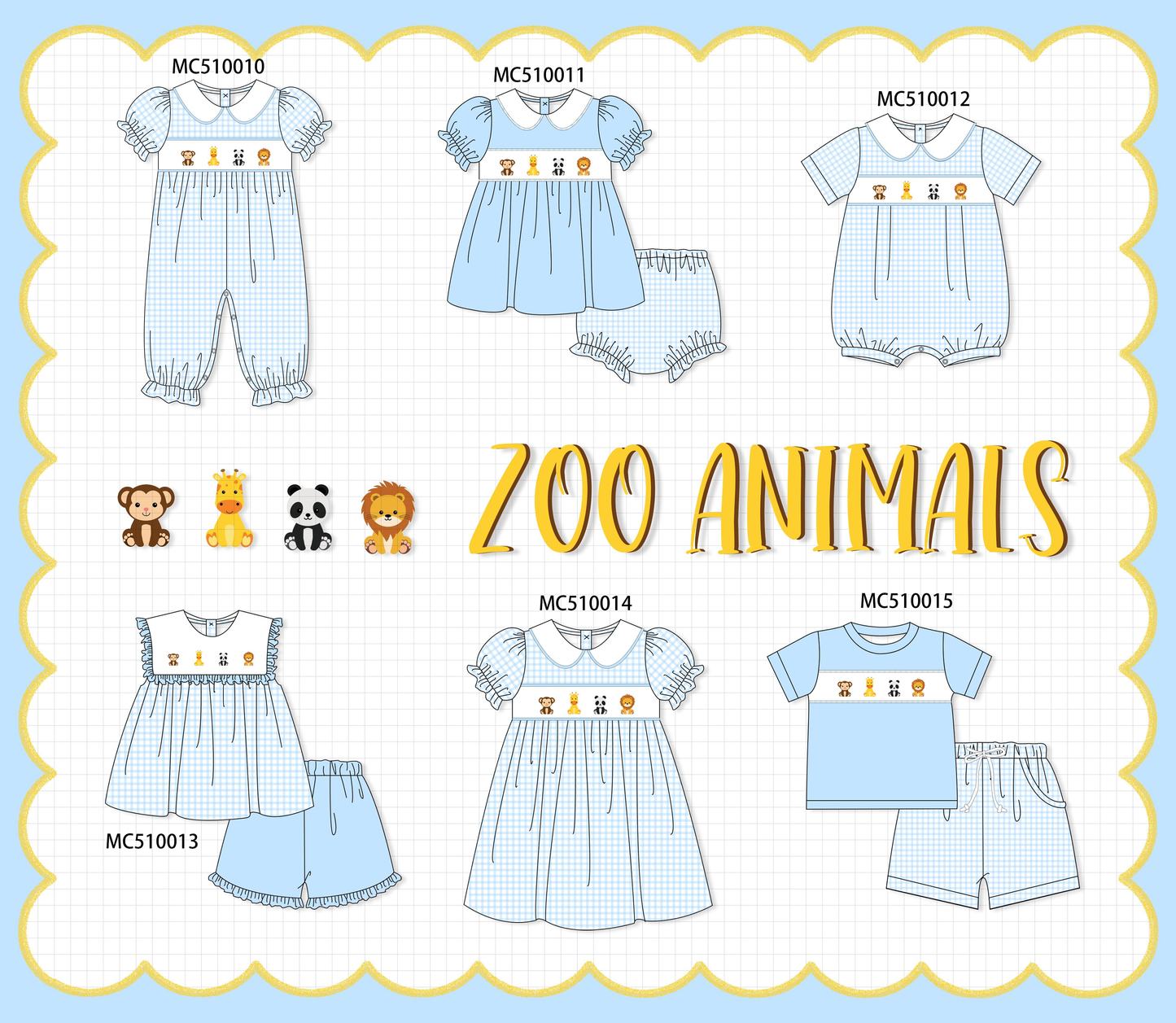 PO69 Blue zoo animal embroidery gingham collection