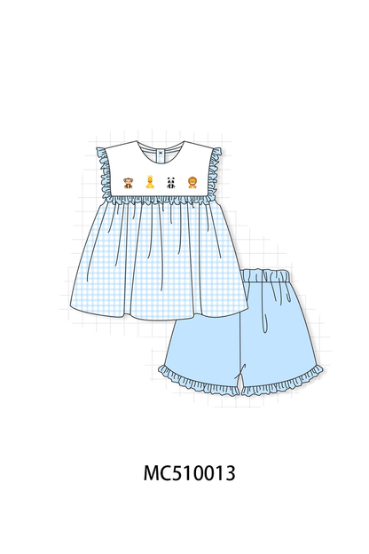 PO69 Blue zoo animal embroidery gingham collection