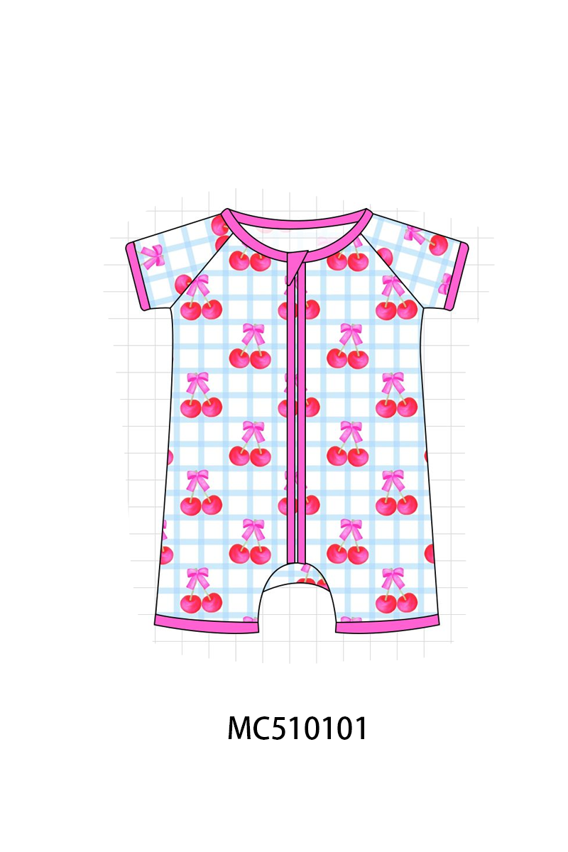 PO69 Pink cherry print plaid bamboo pajama collection