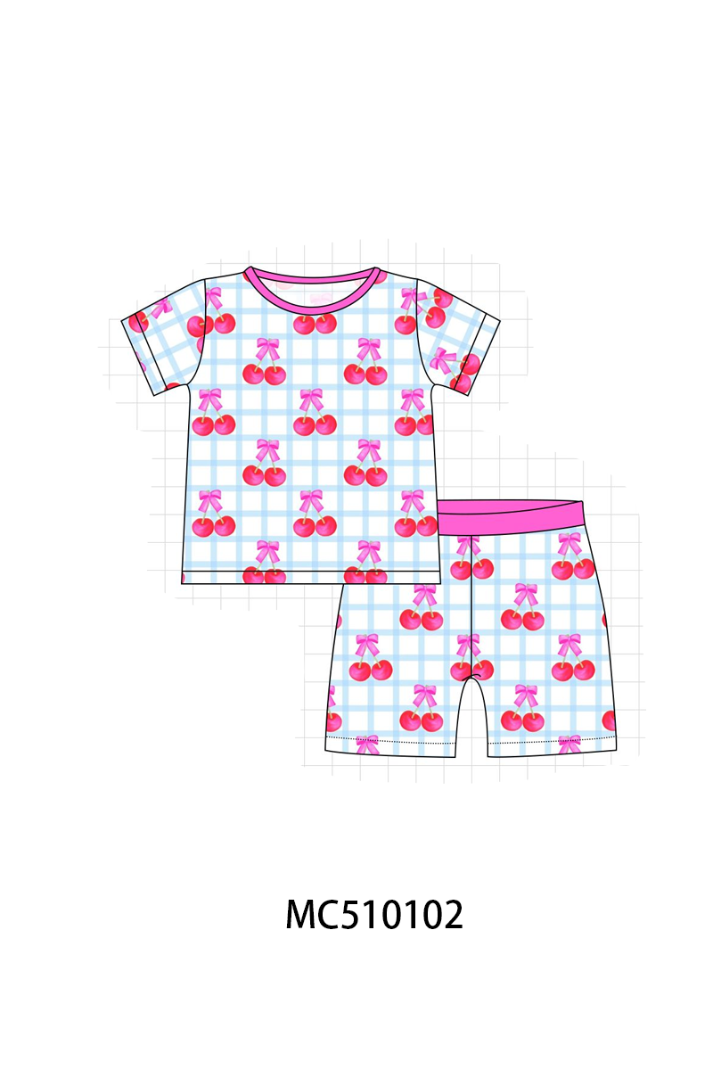 PO69 Pink cherry print plaid bamboo pajama collection