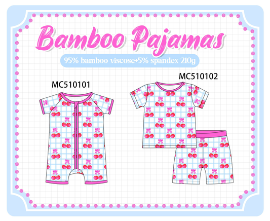 PO69 Pink cherry print plaid bamboo pajama collection
