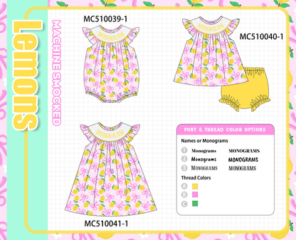 PO69 Purple bow lemon monogram smocked collection